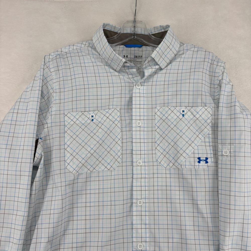 Under Armour HeatGear Mens Small White Blue Plaid Long Sleeve Button Down Shirt